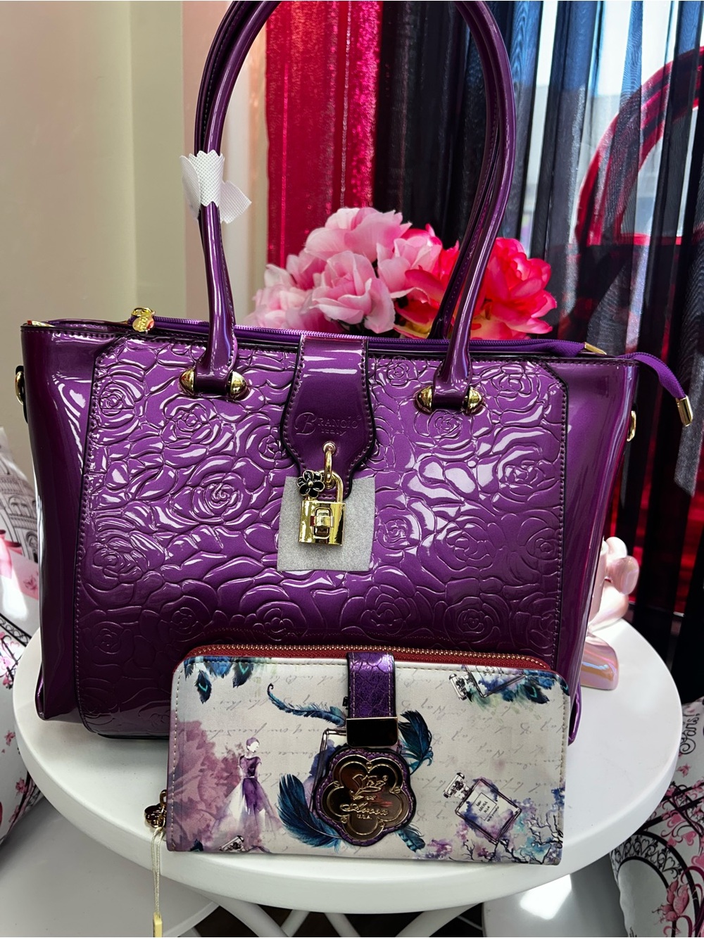 Elegant Purple Patent Rose-Embossed Tote Bag with Matching Wallet